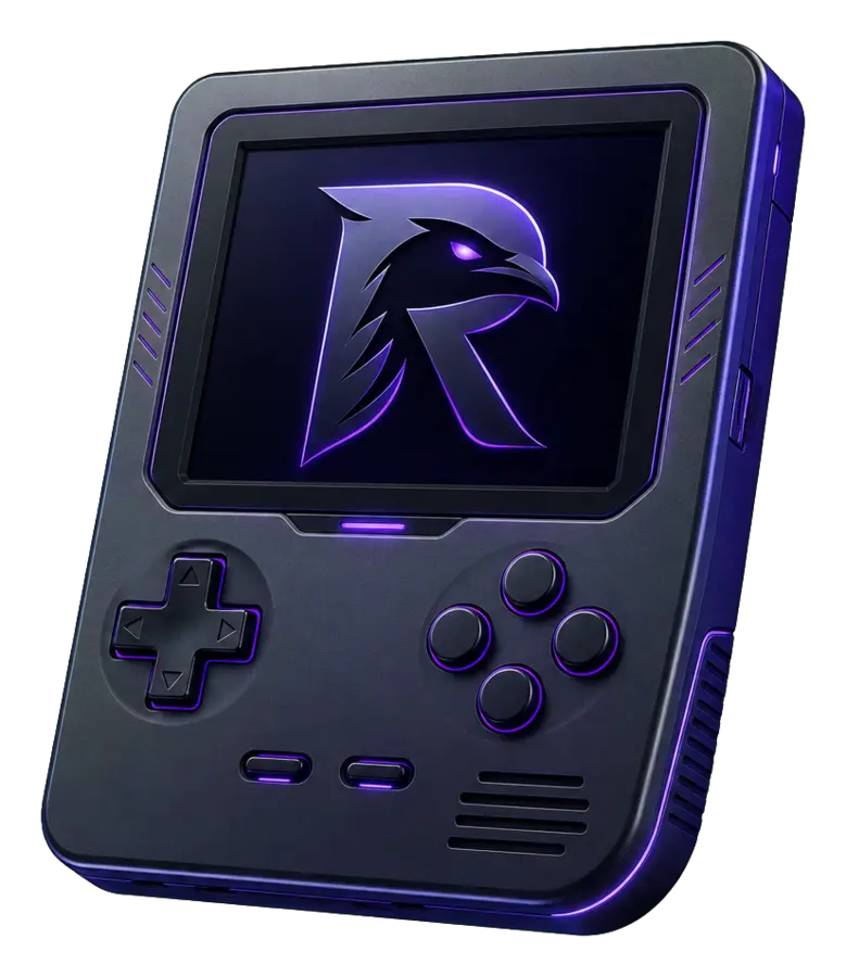 Illustration&nbsp;: console portable sombre aux reflets violets, avec le logo RavenEmu à l'écran.